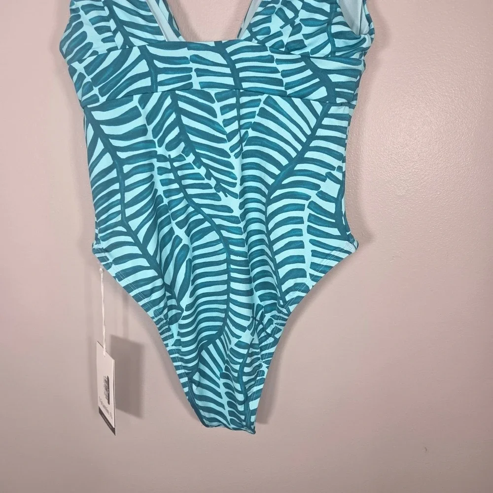 NWT Vitamin A Plunge One Piece Swimsuit Women's M Aqua Tropical High Cut